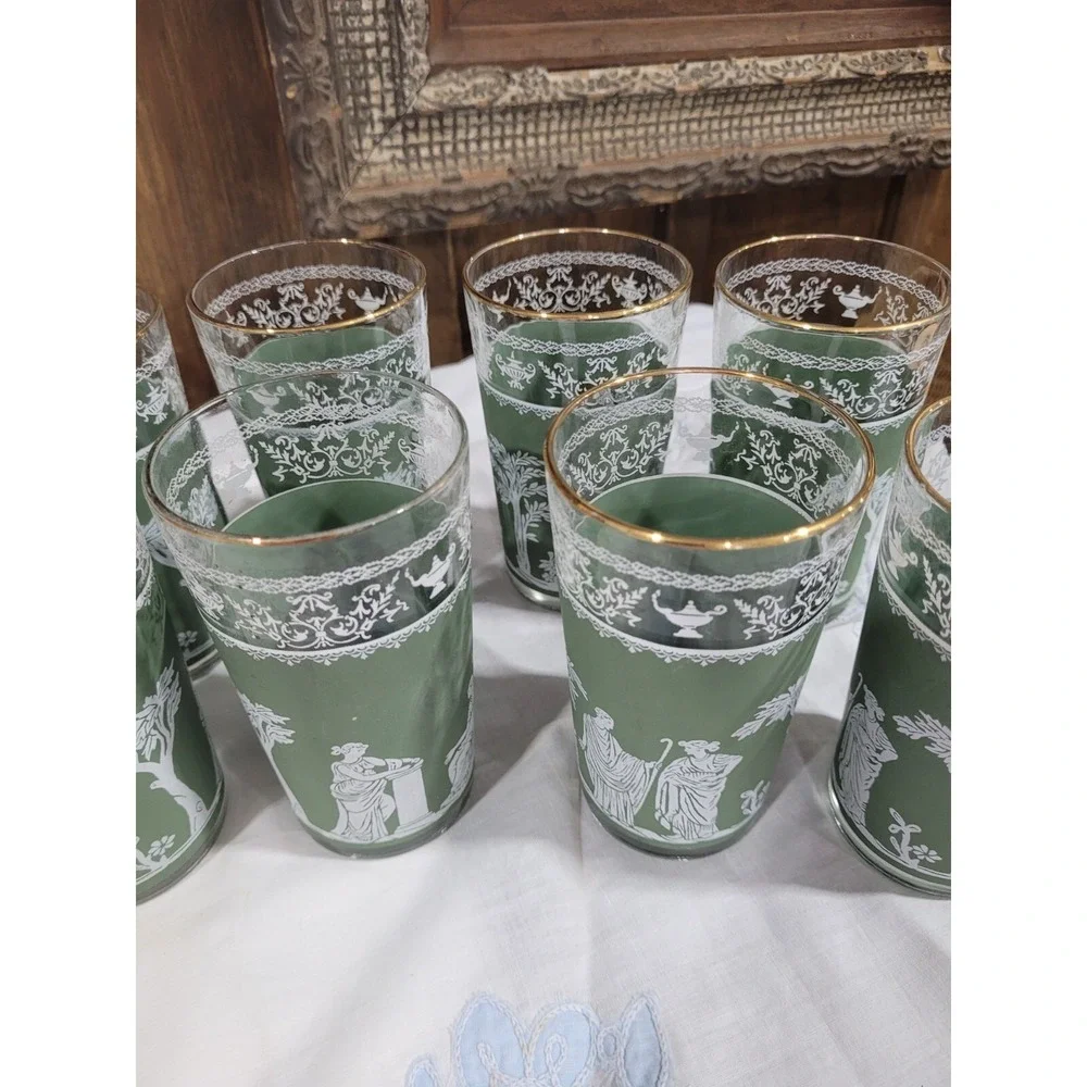 Vtg Wedgwood Jasperware Hellenic Jeanette Green Grecian Tumbler 12 Ou Set Of 8